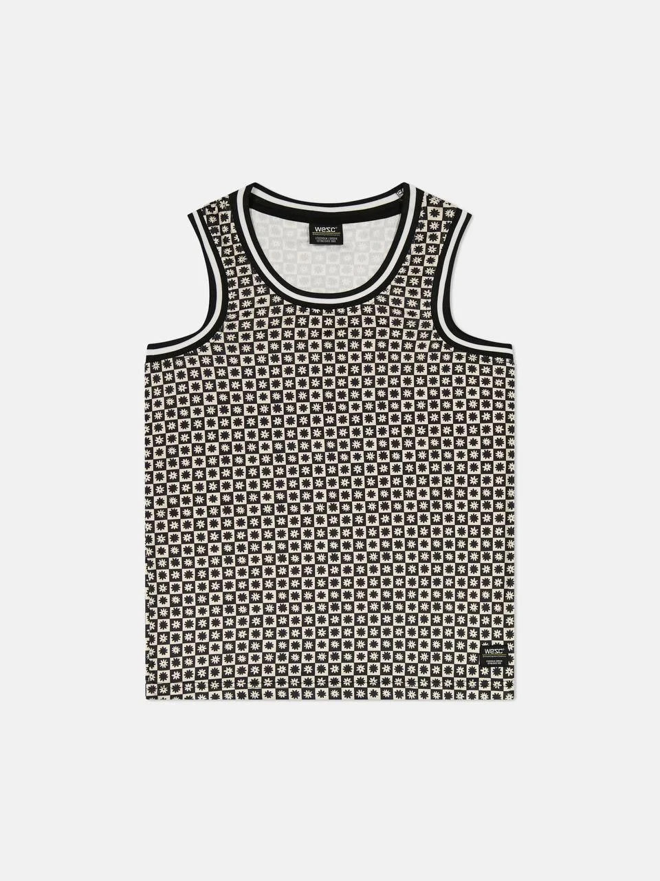 WESC Black Cream Jersey Mesh Tank Top Basketball Checker Daisys Athletic Fit S