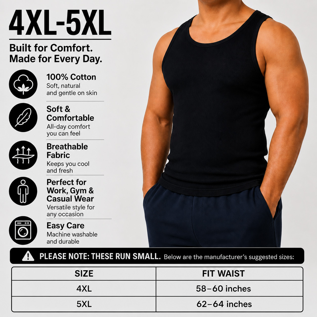 4XL-5XL Men’s A-Shirt 6 Pack Lot Tank Top Cotton Wife Beater Ribbed Undershirt