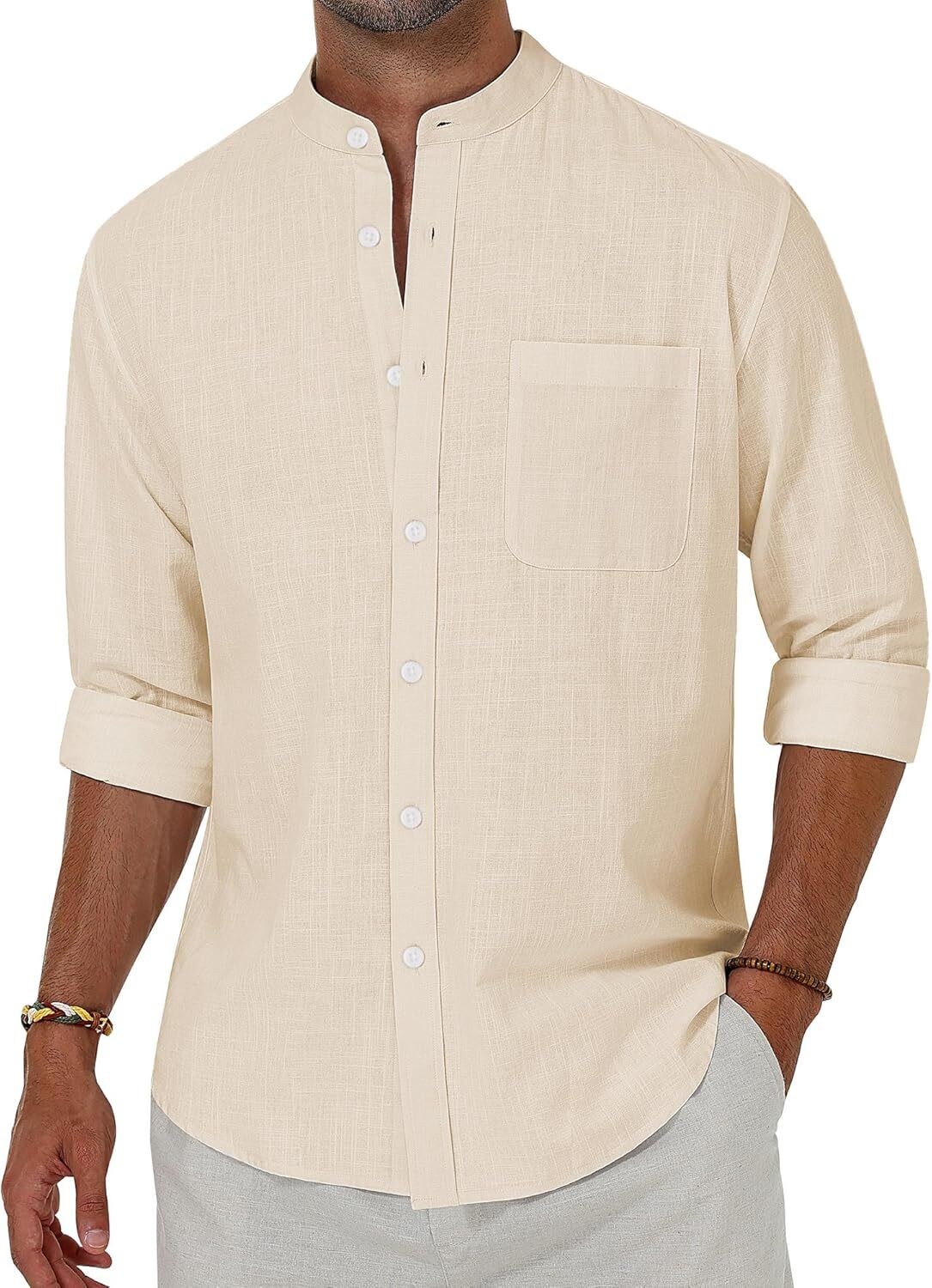 Men’s Linen Button Down Shirt Long Sleeve Band Collar Casual Beach Top