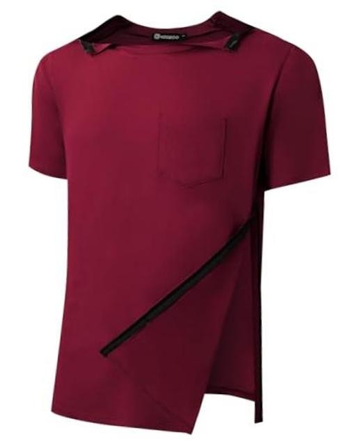 Two-Way Zipper Shoulder Surgery Shirt for Men, 95% Cotton Post Large Wine Red