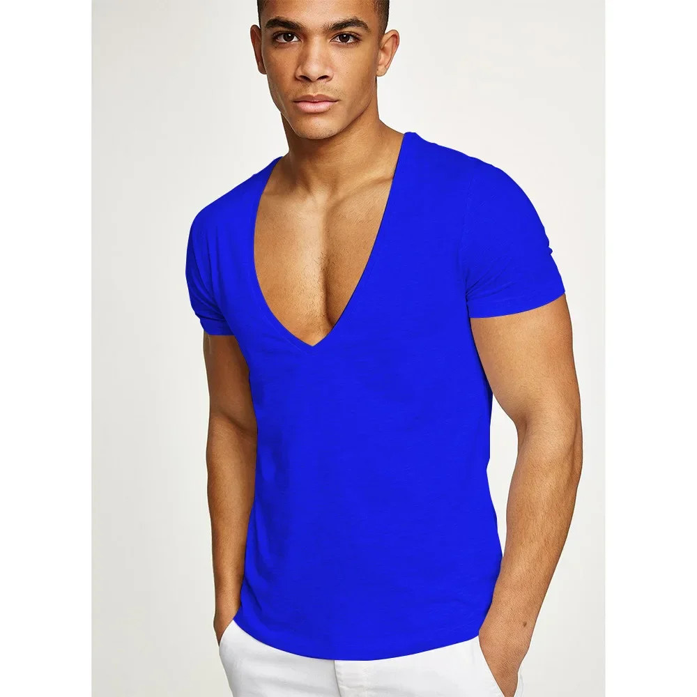Men’s Deep V-Neck T-Shirt, Cotton Fitness Leisure Tops, Solid Color Europe Size