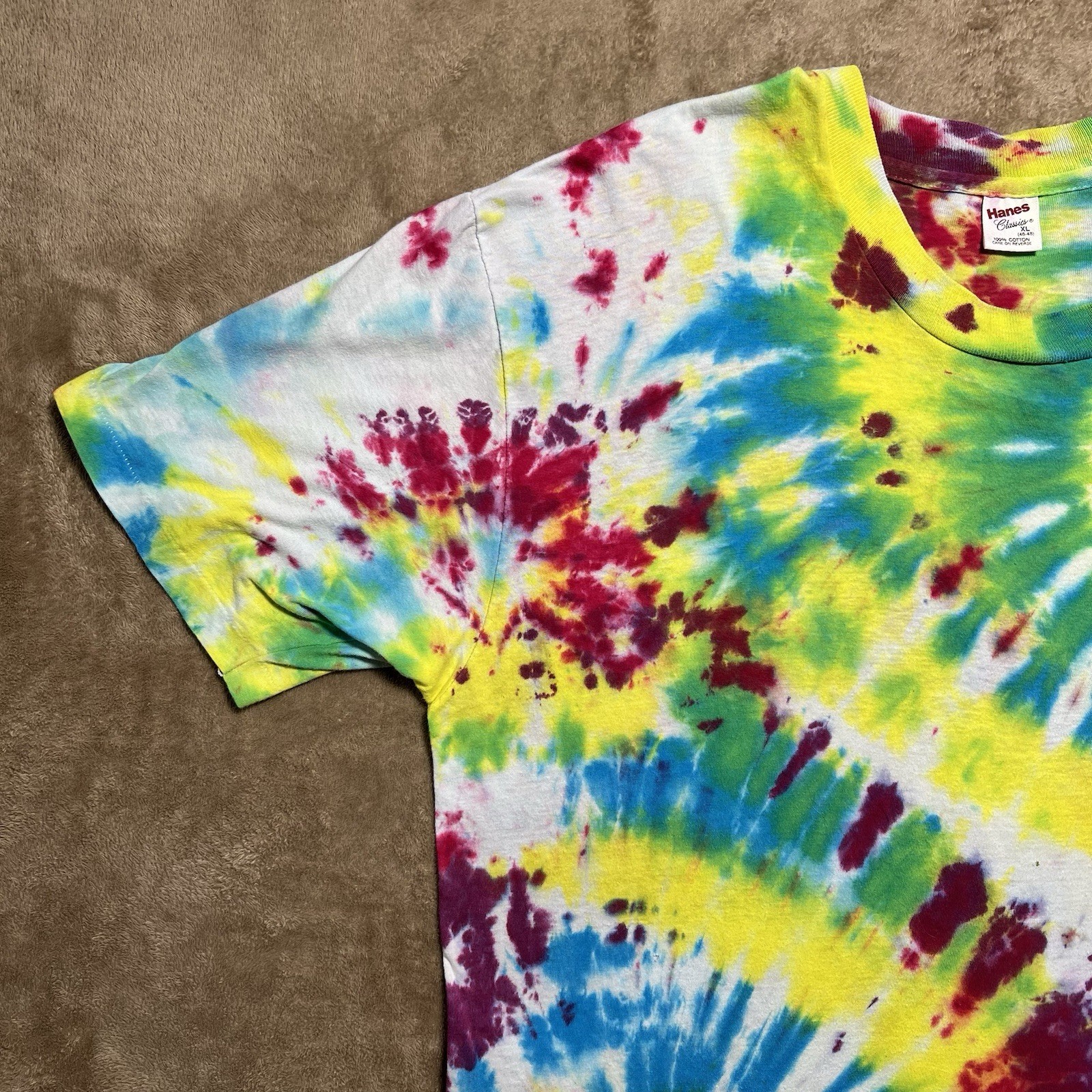 Vintage Hanes Single Stitch Tie Dye T Shirt Size XL Rainbow Swirl Blank 90s