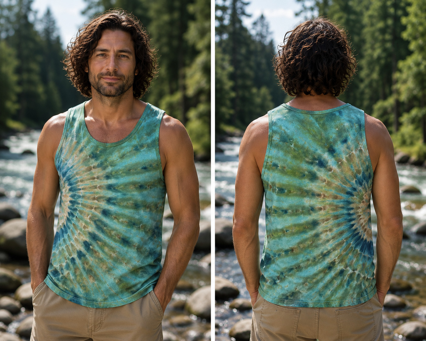 NEW Fan Fold Ice Tie Dye T-Shirt, Mens M Tank Top Turquoise & Sand