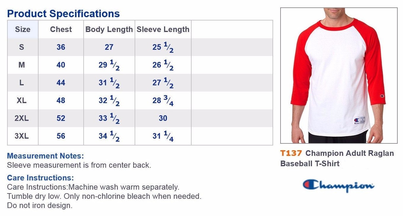 Champion Mens NEW Size S-3XL Tagless Tee ¾ Sleeve Baseball Raglan T-Shirt T137