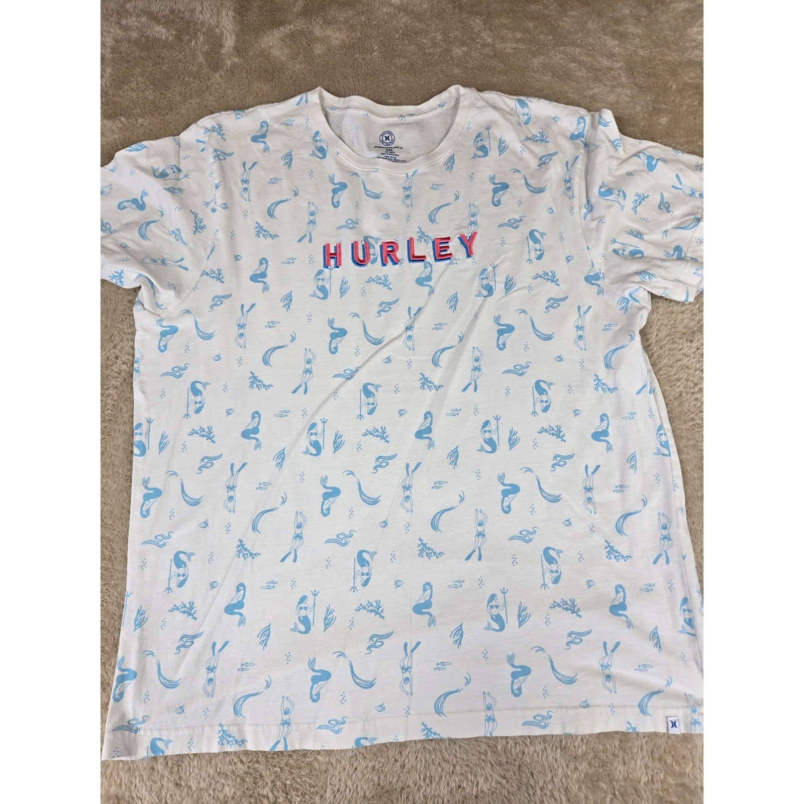 Hurley Mens XXL White Mermaid Print T-Shirt Embroidered Pink Logo Short Sleeve