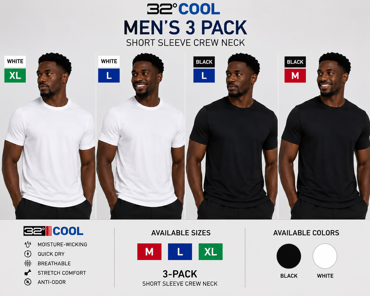 32 Degrees Cool Men’s 3-Pack Crew Neck T-Shirts Black White M L XL NEW
