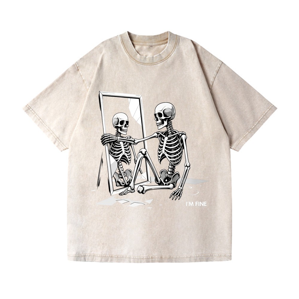 Funny Sarcastic “I’m Fine” Skeleton Graphic Washed Streetwear T-Shirt