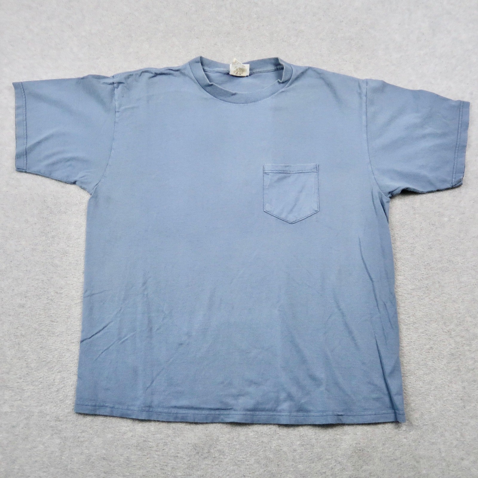 Vintage 90s Basic Editions Mens L Blue Pocket T-Shirt Made in USA 100% Cotton