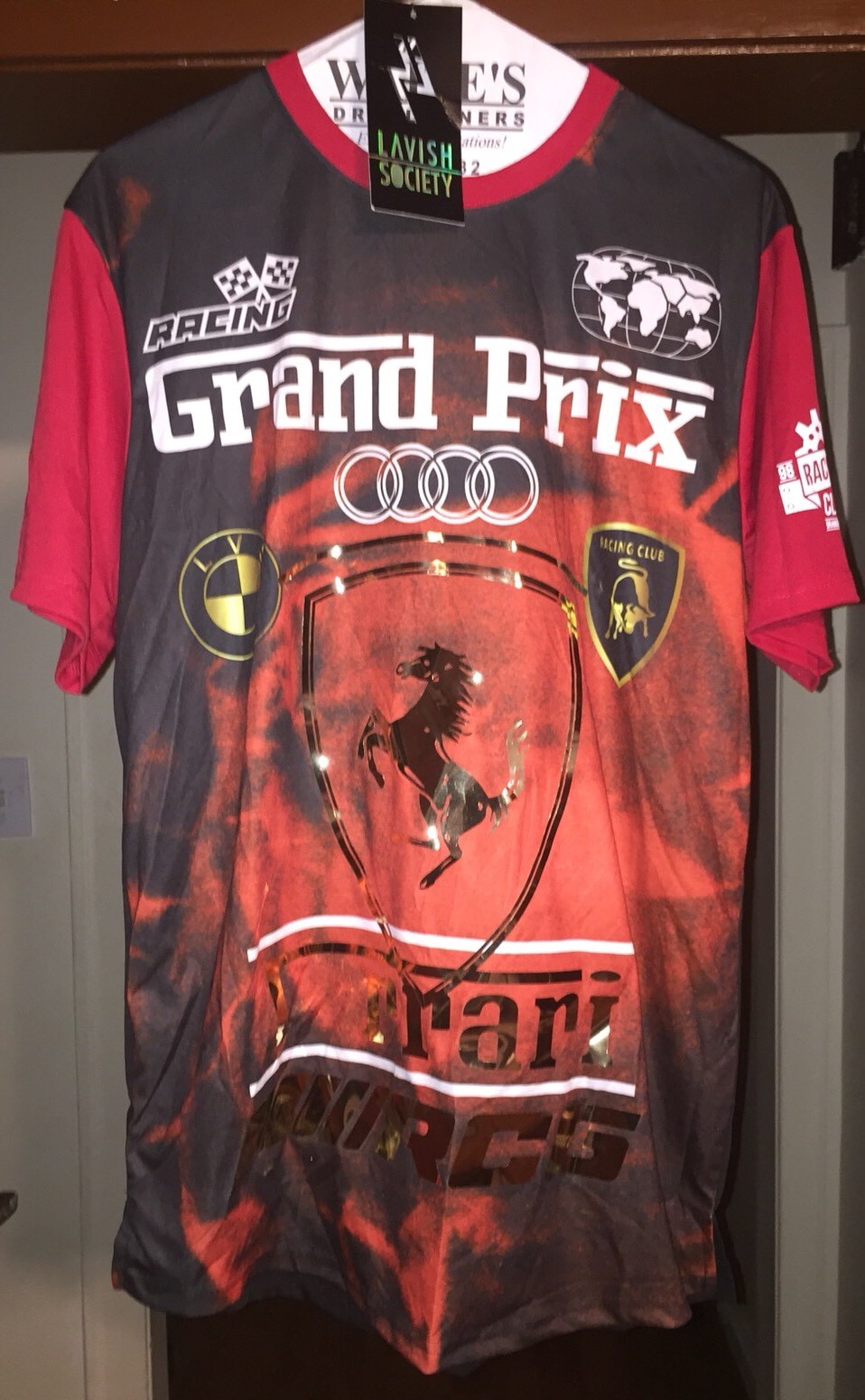 Lavish Society Men’s XL Metallic Foil Print Red Racing Jersey Shirt T-Shirt NWT