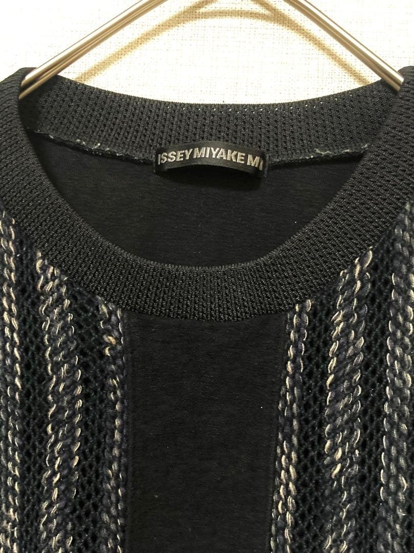 ISSEY MIYAKE Men’s Stripe Pile Mesh Layered Short Sleeve T-Shirt Black F/S