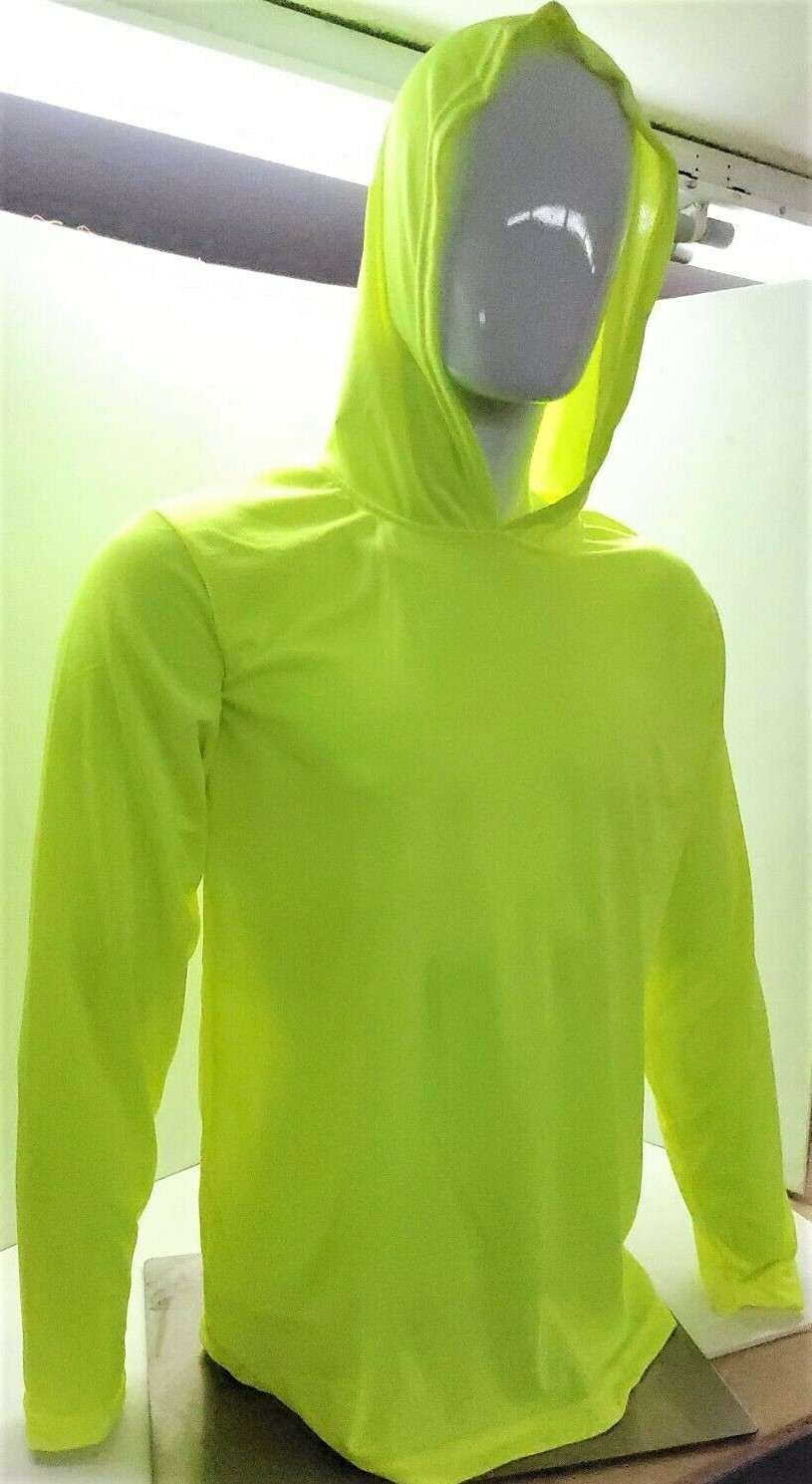 Neon Yellow Long Sleeve Shirt With Hoodie, Polyester birdeye mesh fabric