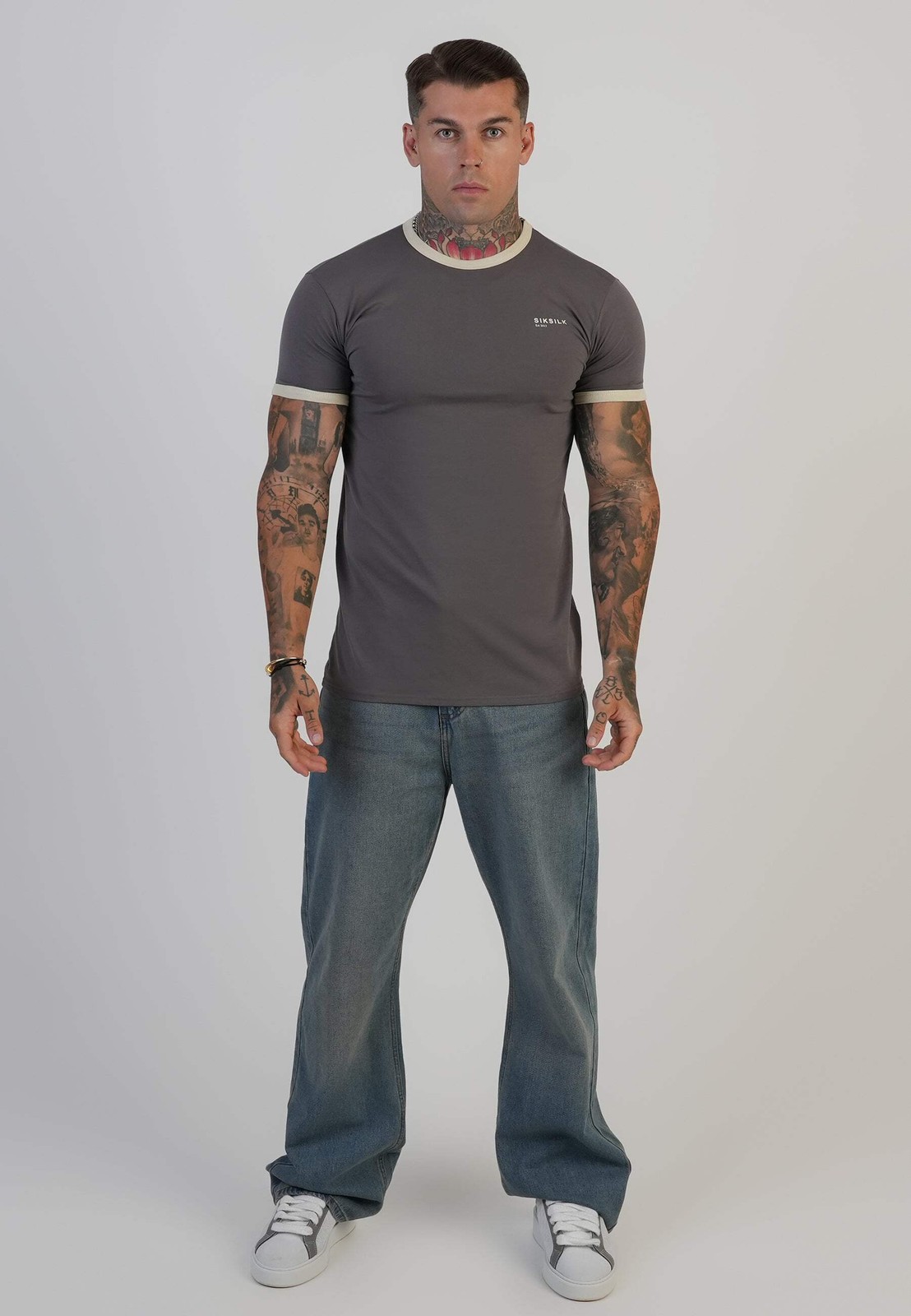 SikSilk Men’s Short Sleeved Crew Neck Muscle Fit Ringer T-Shirt Tee Grey and Ecr