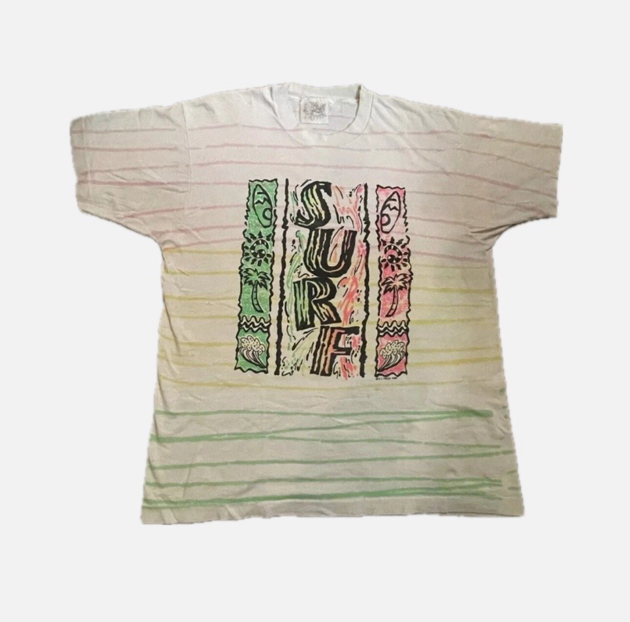 Vintage 90s Surf Mania T-Shirt XL Single Stitch Neon Surfing Palm Trees