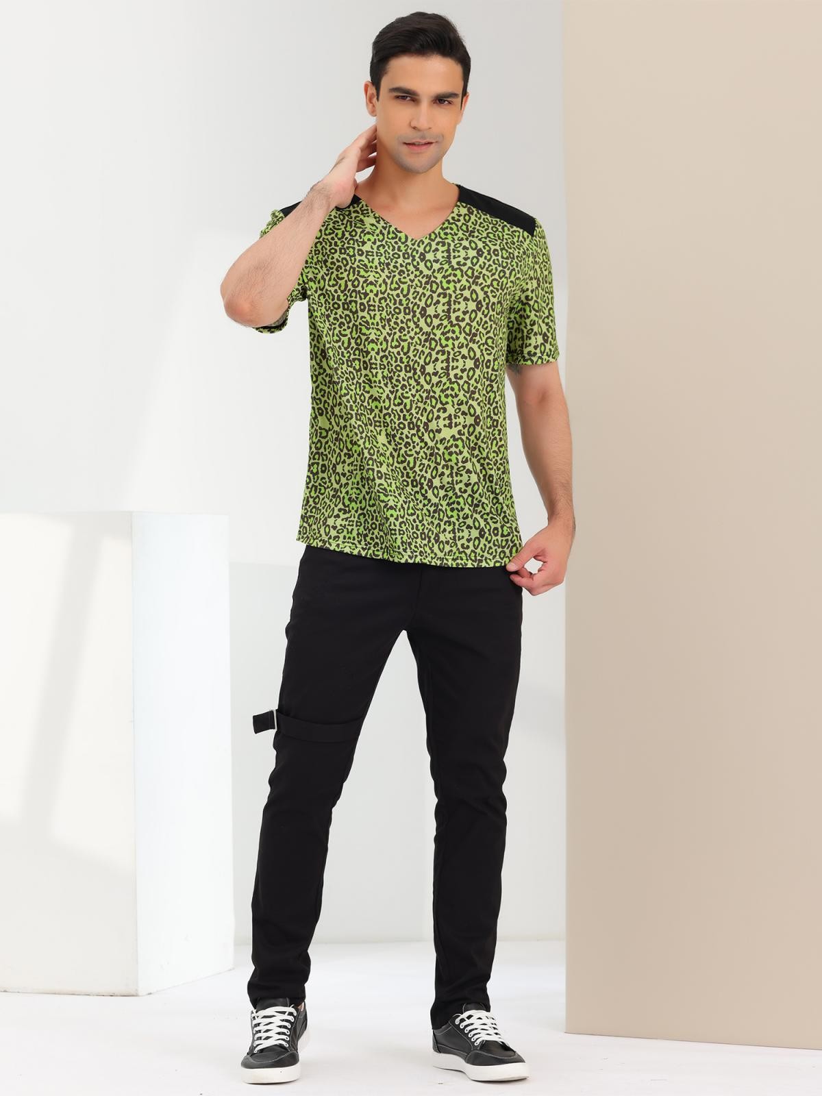 Men’s V Neck Animal Print Short Sleeves T-Shirt Tops Green Black S