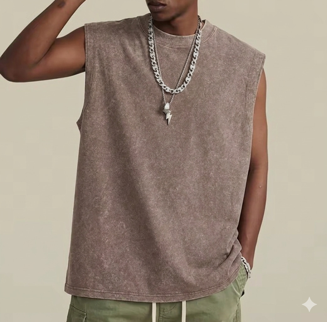 Men’s Acid Wash Muscle Shirt – Vintage Sleeveless T-Shirt, Plain