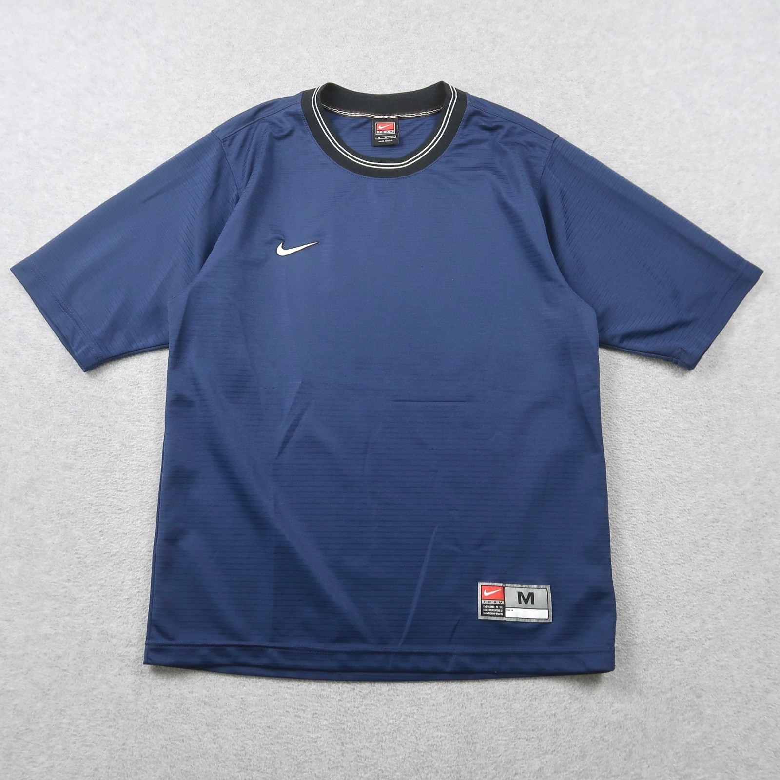 Vintage 90s Nike Team Mens Blue Short Sleeve Soccer Shirt Ribbed Swoosh Size M