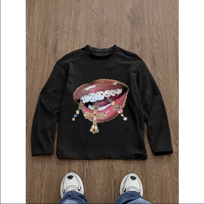 Graphic Thermal Shirt Lips Rhinestone Grills Long Sleeve White/Black Multi Size