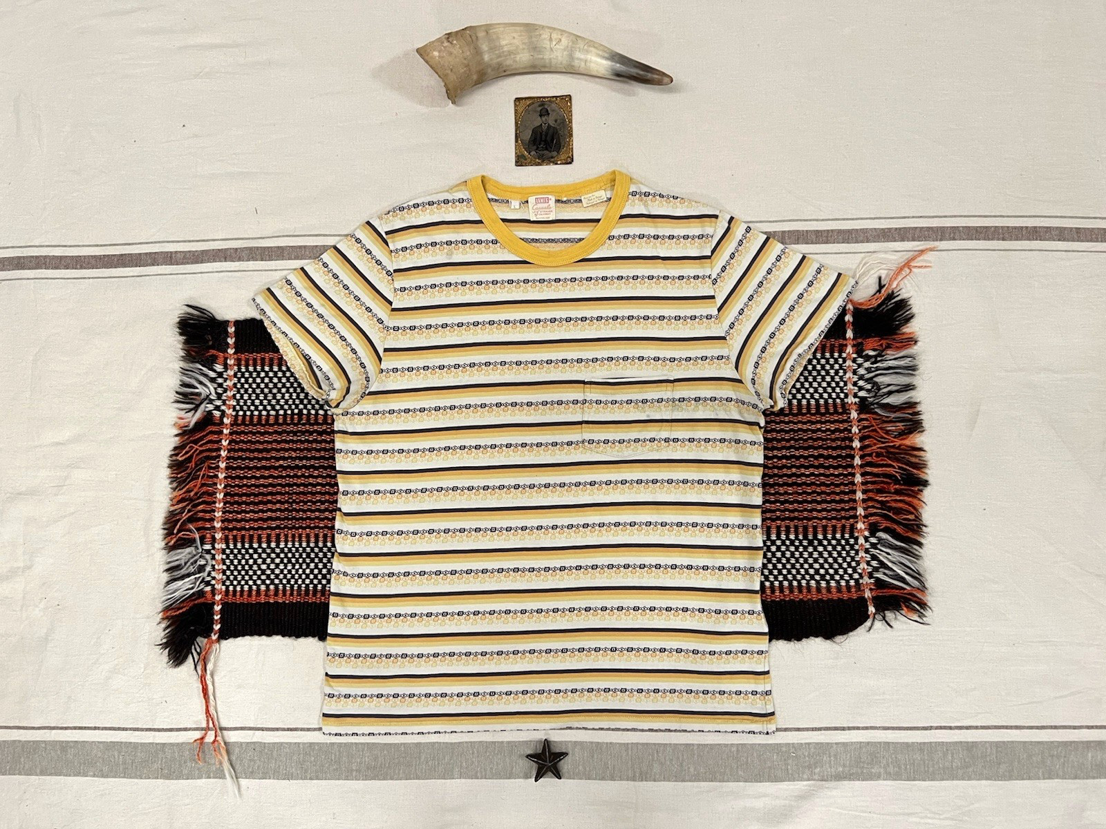 LVC T-Shirt L Levi’s Vintage Clothing Casuals Yellow Ringer Fancy Stripe Rare
