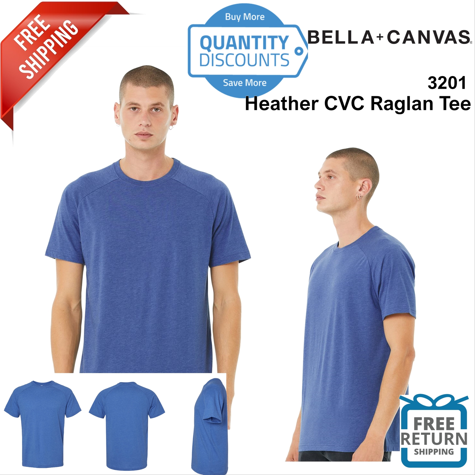 BELLA + CANVAS Men ring-spun Heather CVC Blend Raglan Tee Shirt 3201 up to 2XL