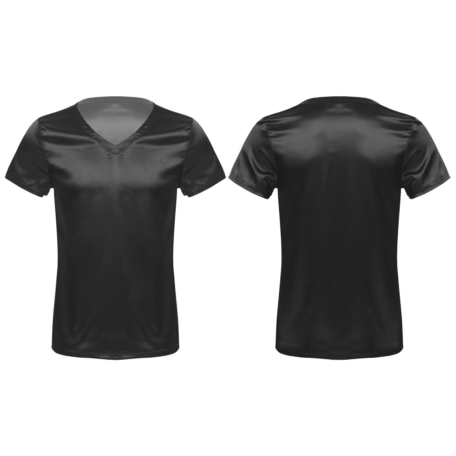 US Men Satin Silk Short Sleeve V-Neck T-Shirt Tee Blouse Nightwear Sleepwear