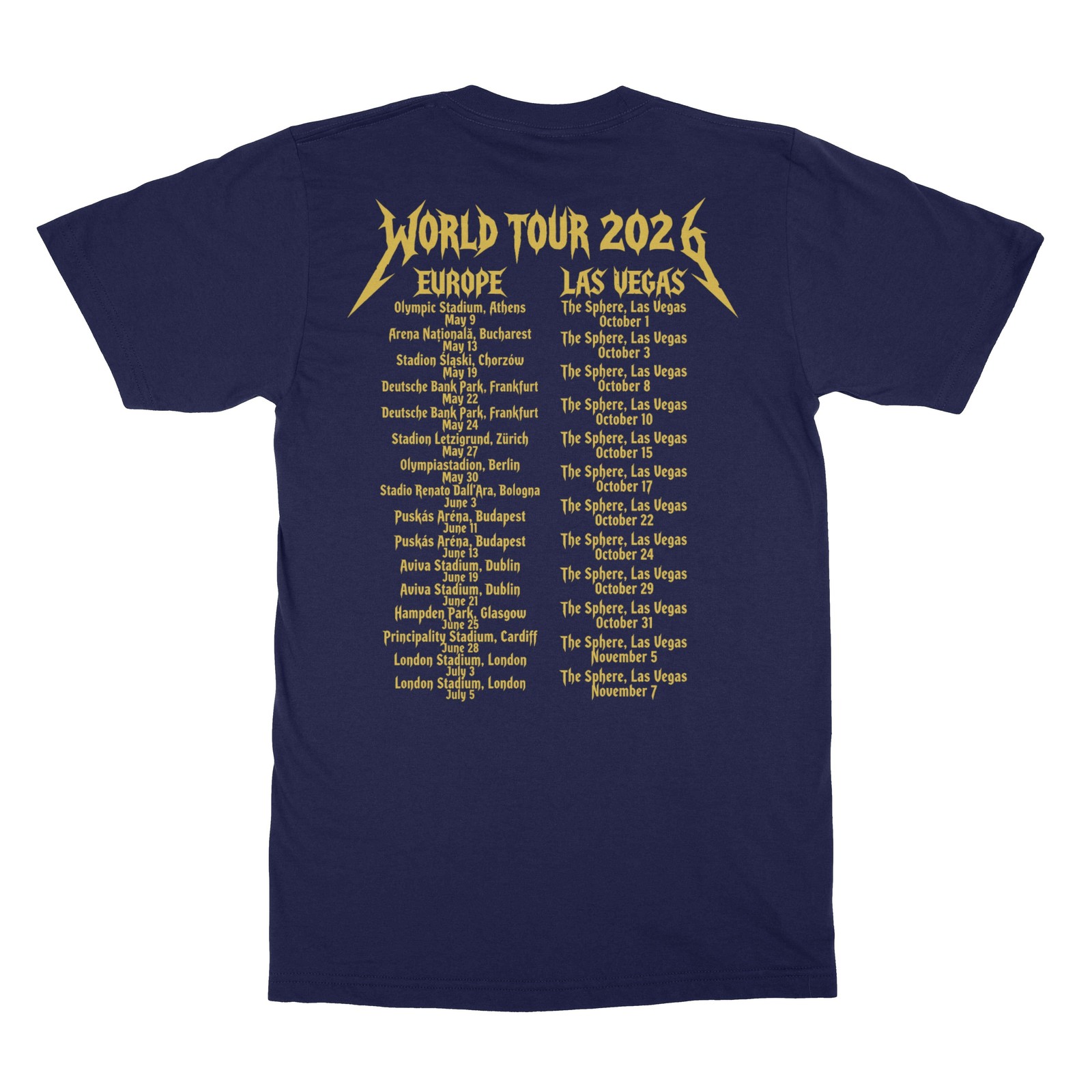 Metallica 2026 World Tour Europe Las Vegas Two-Sided Unisex T-Shirt