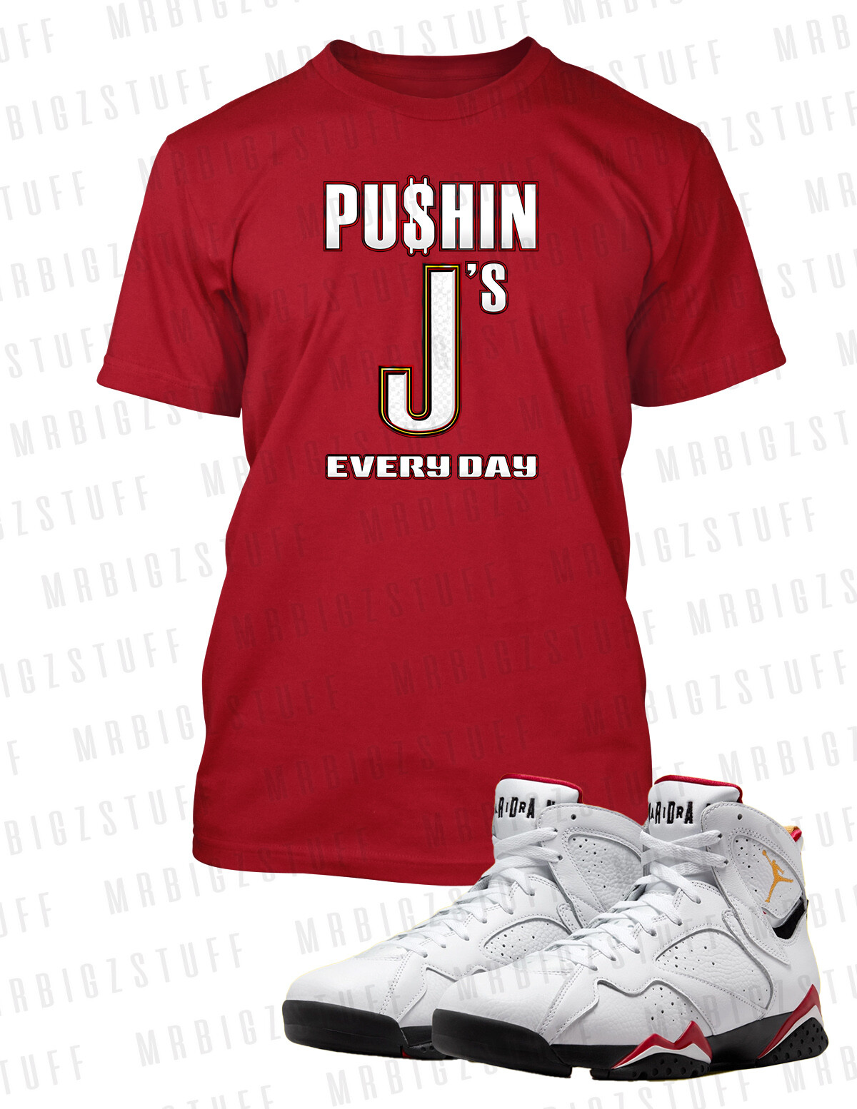 Pushin J’s Graphic Sneaker Tee Shirt Match J7 OG Red Cement Pro Club Shaka RTP T