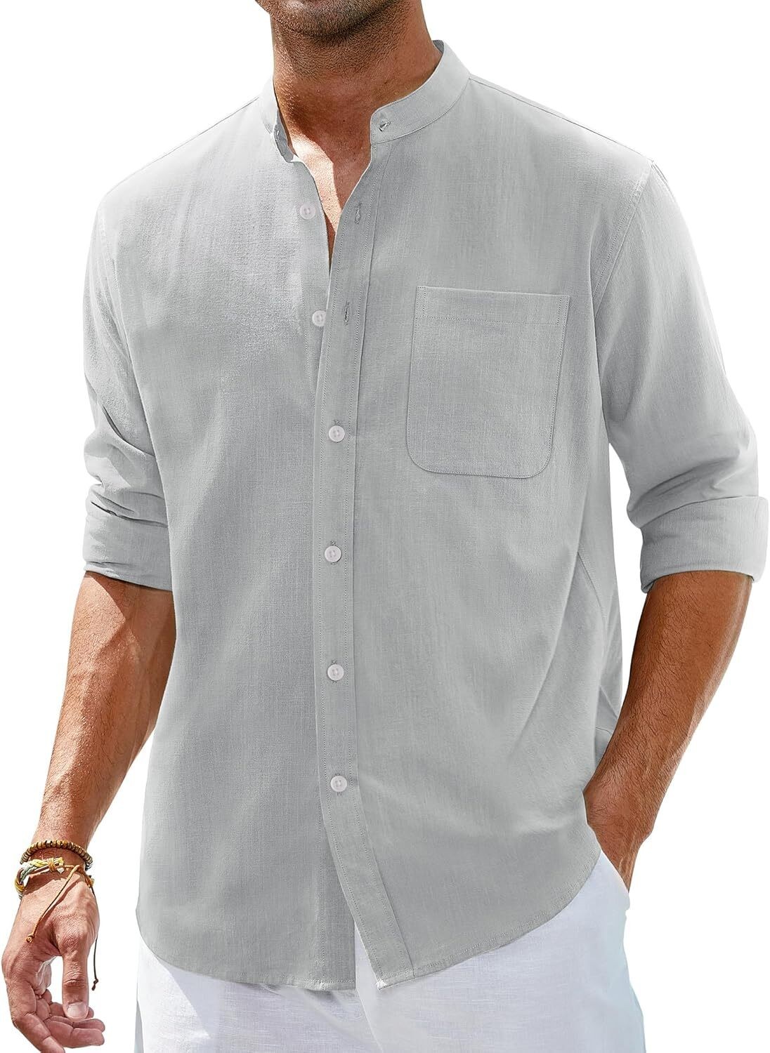 Men’s Linen Button Down Shirt Long Sleeve Band Collar Casual Beach Top