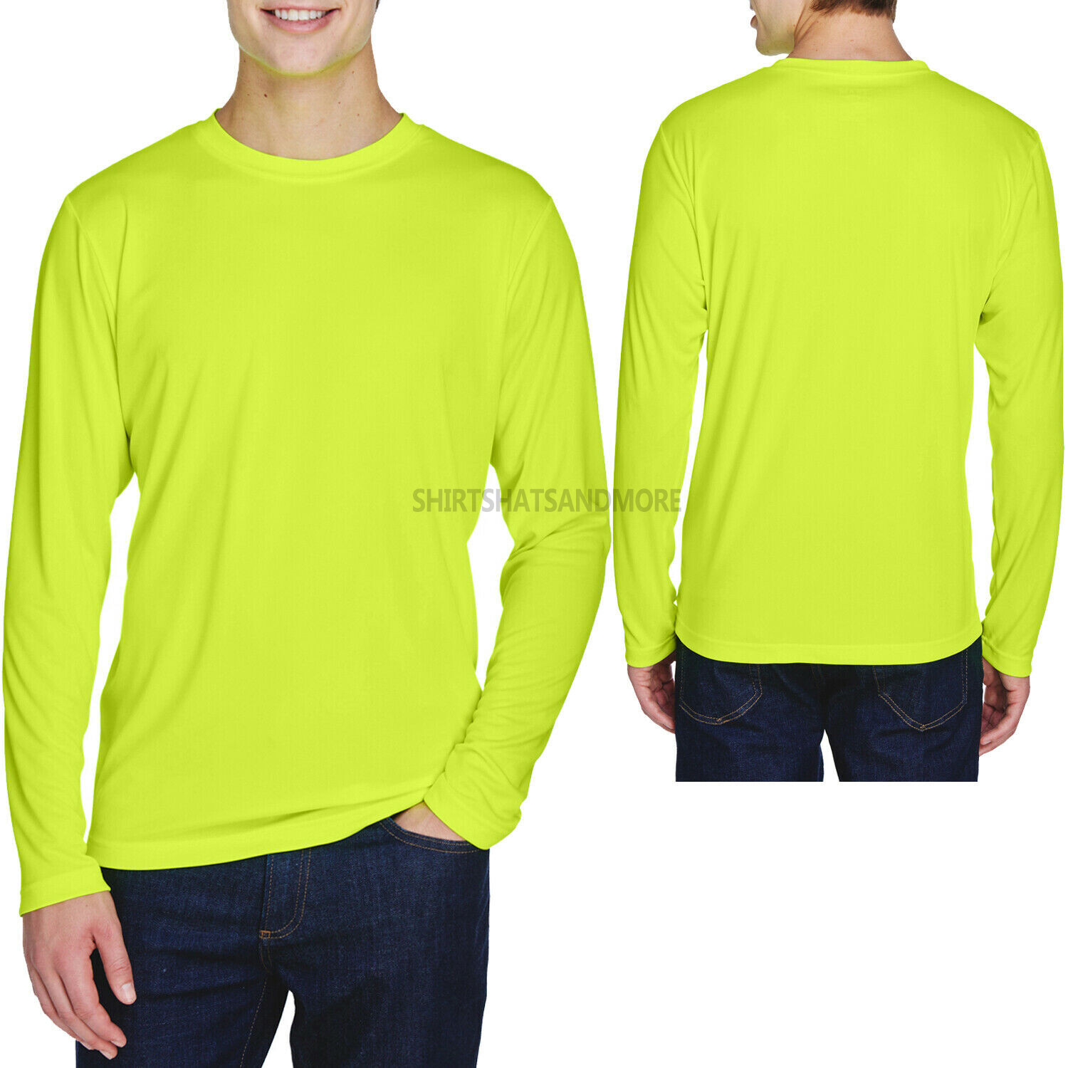 Mens Safety Yellow Long Sleeve Base Layer T-Shirt Wicking XS-XL 2X 3X 4X UV 40+