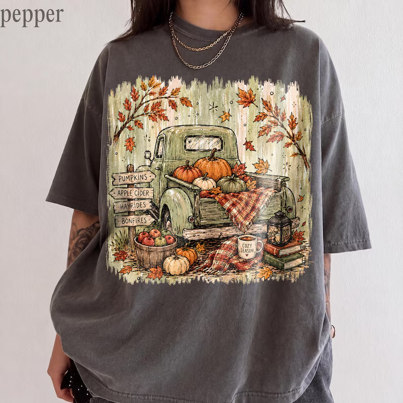 Vintage Fall Pumpkin Truck Shirt Autumn Harvest Cozy Graphic Tee Gildan Unisex