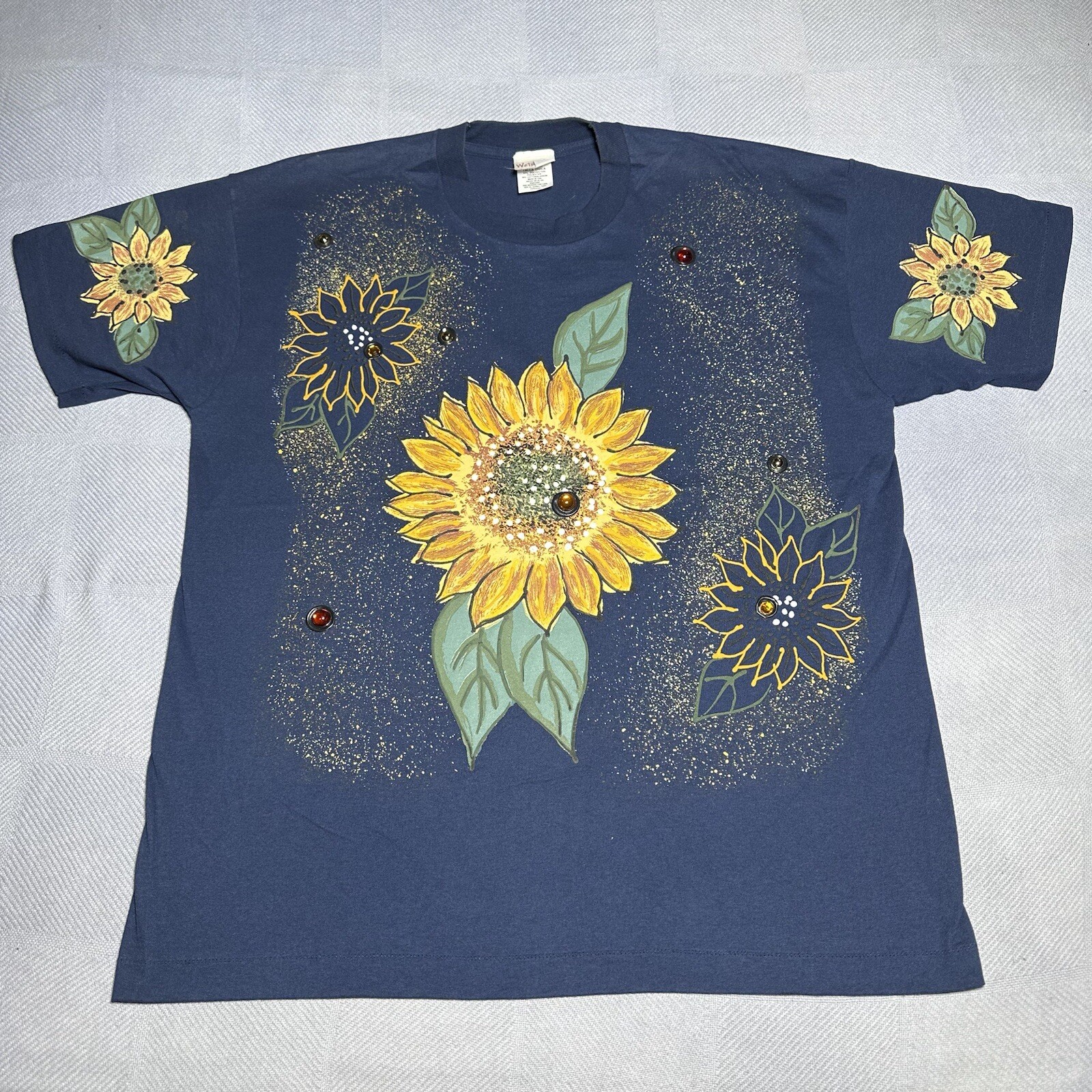 Vintage 1990s WetPaint Hand Painted Sunflower Floral Gem Jewels T-Shirt Sz OSFA