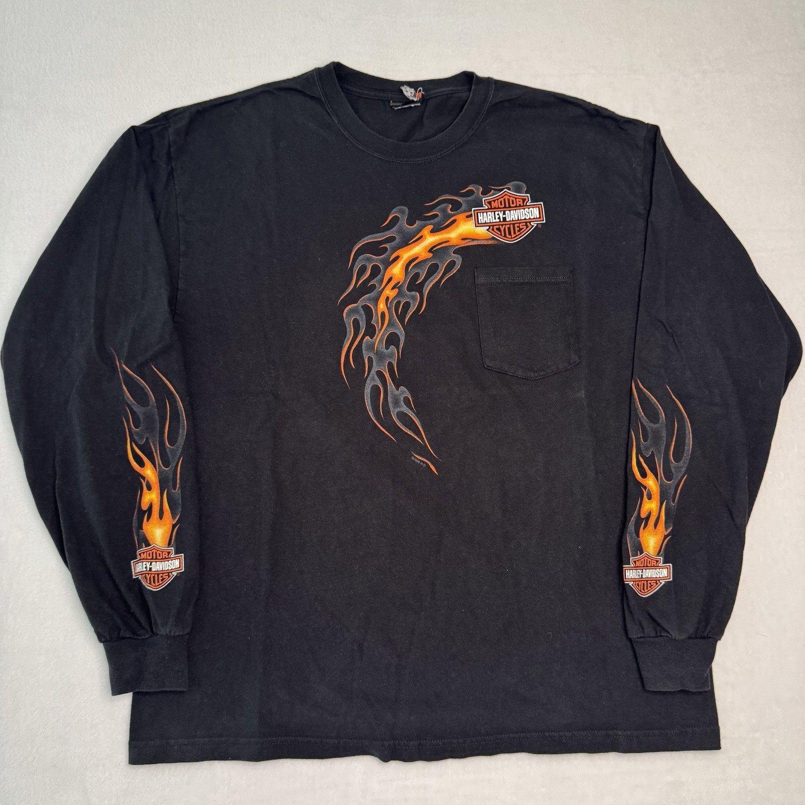 Vintage Y2K Harley Davidson Flame Sleeve Pocket T Shirt Sz XL Montana Lightning