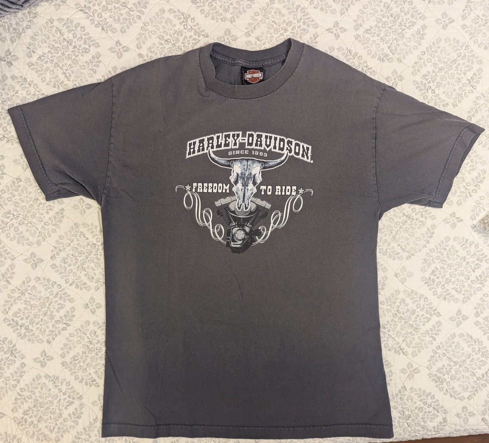 Y2K Harley Davidson Mens L T-Shirt Gray Eagle Skull Flames Faded Patriotic