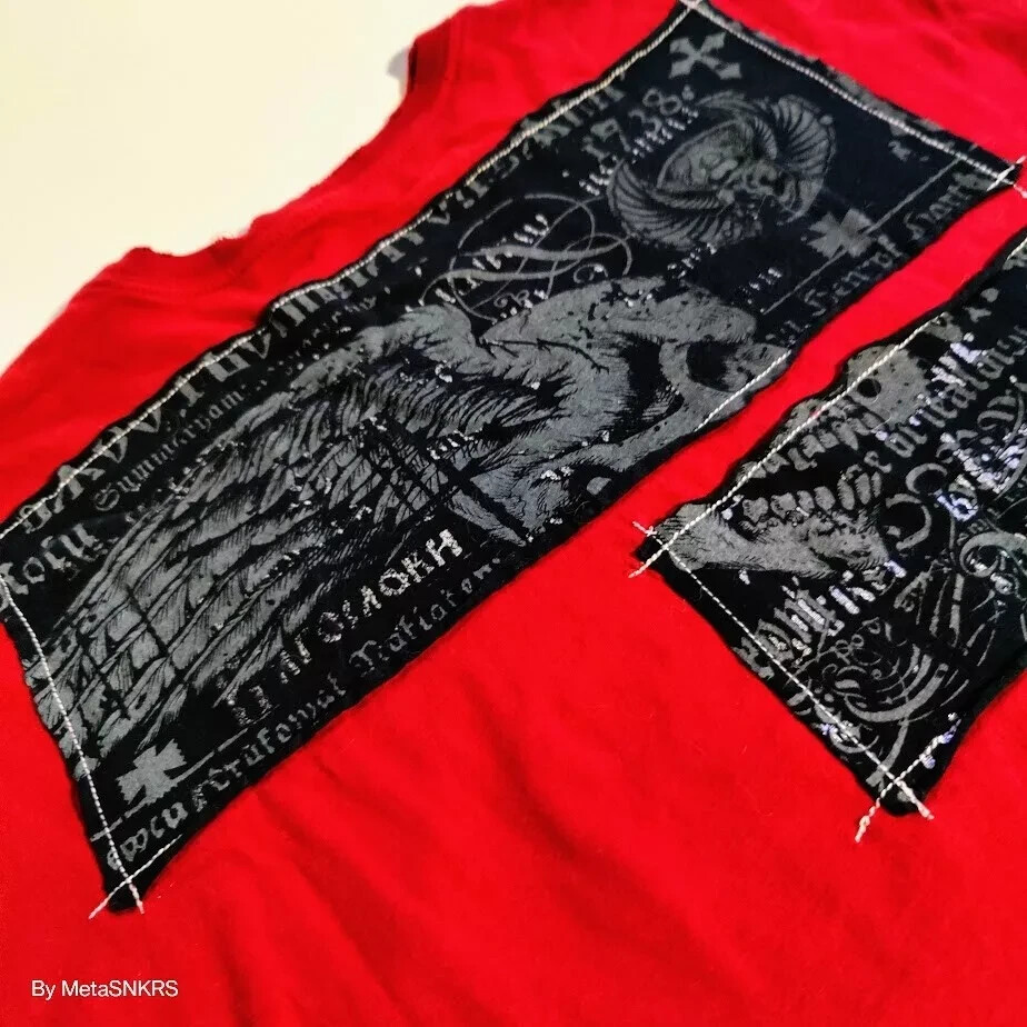Affliction T Shirt Men XL Red Black Gray Silver Foil Patch Skull USA Distressed