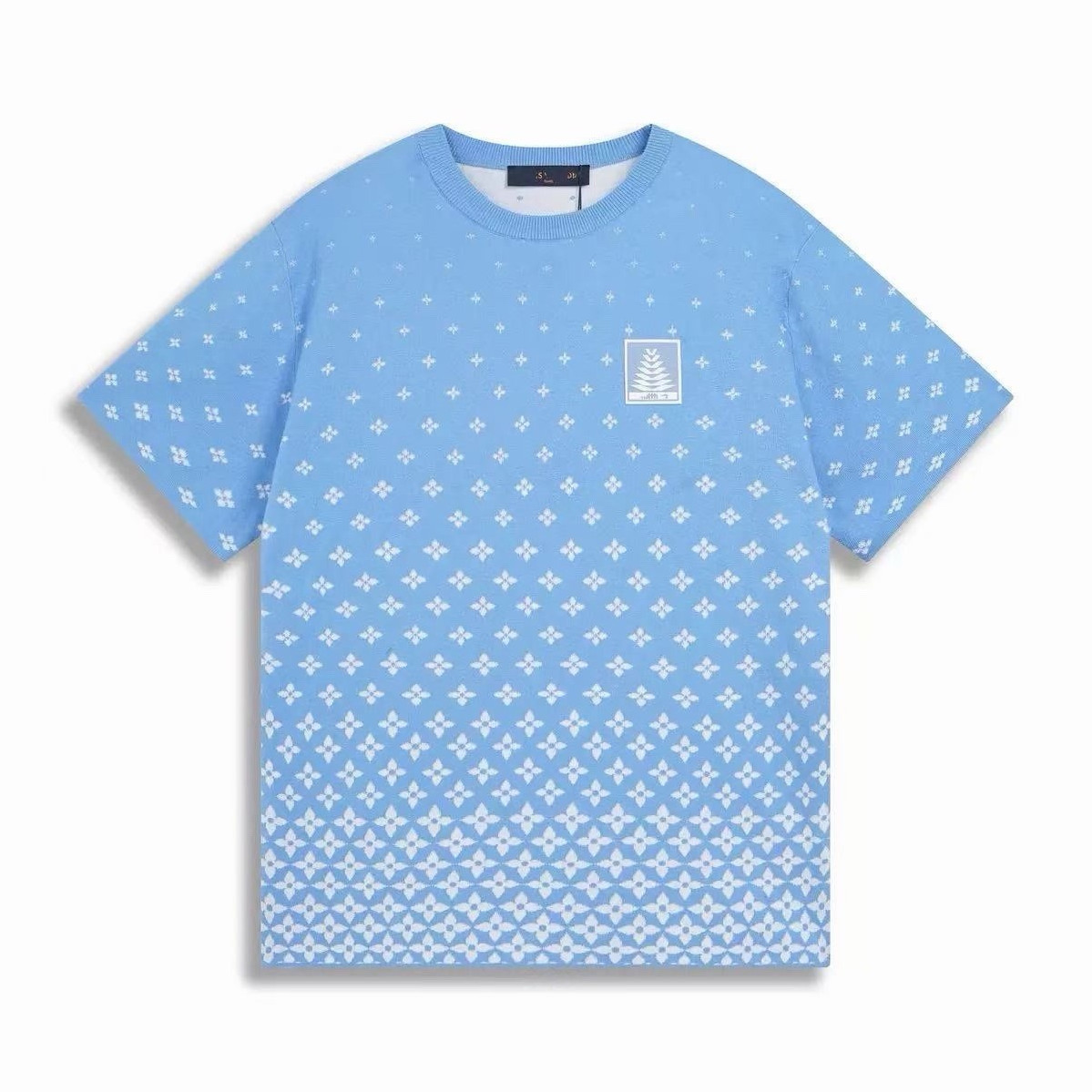 Men’s Blue/White Geometric Logo Knit T-Shirt Crew Neck Short Sleeve Size XL
