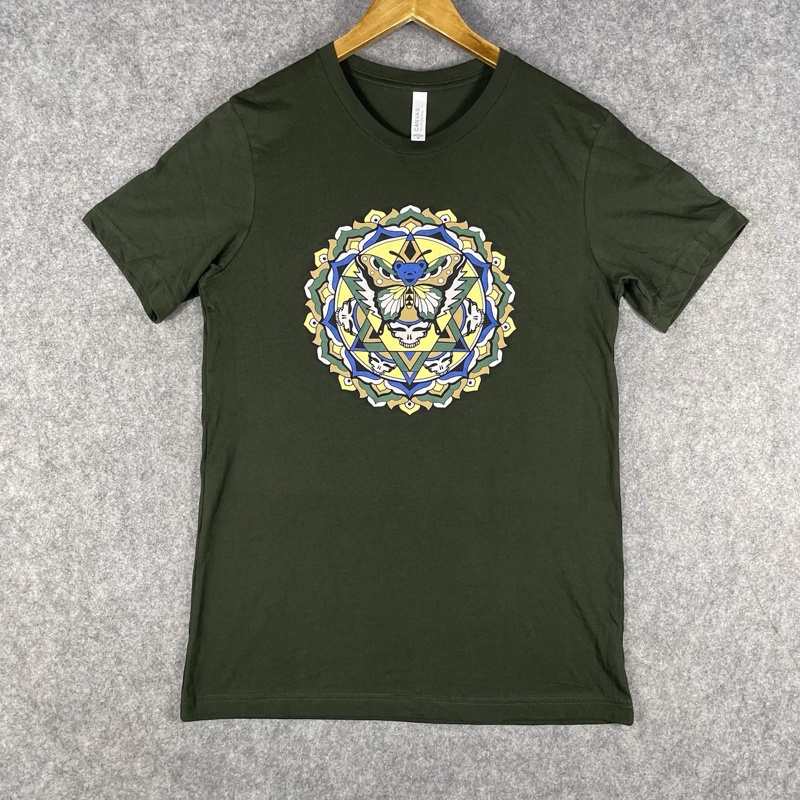 Grateful Dead Butterfly Bear Skull Mandala Lotus Art T-Shirt Mens Medium Green