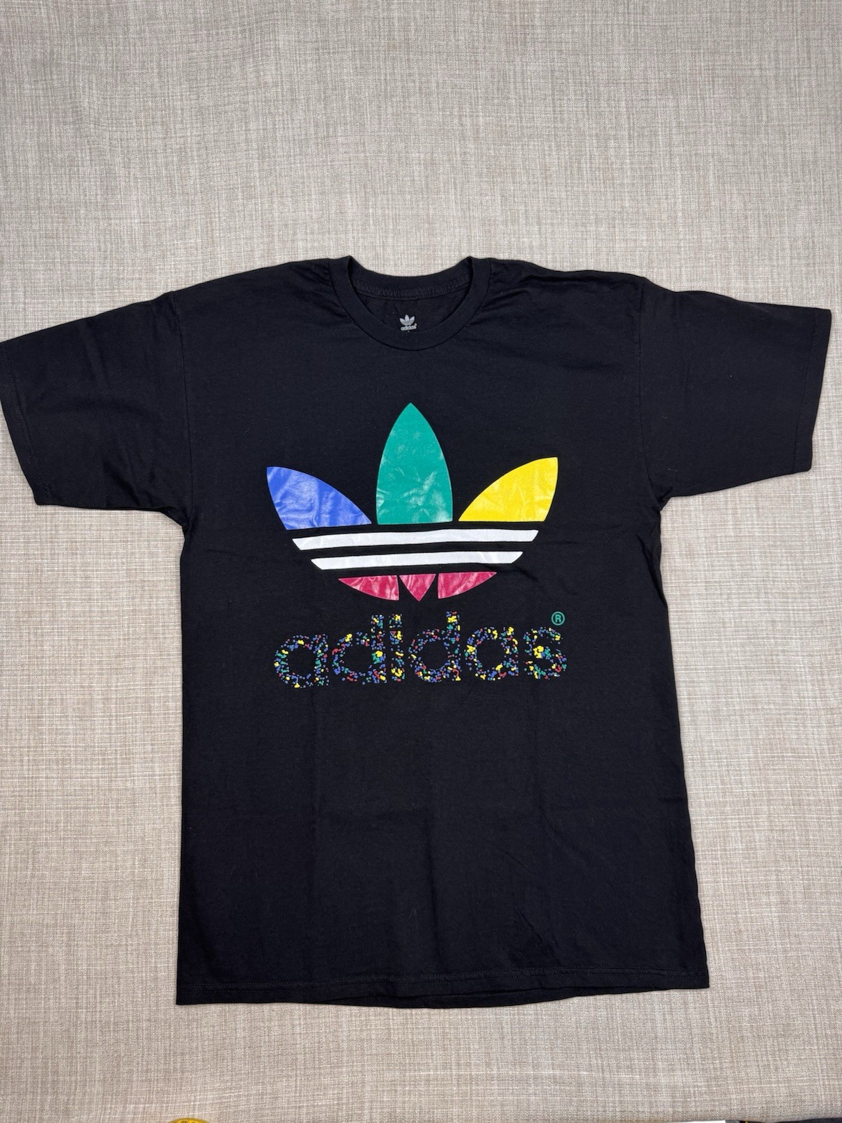 Adidas Originals T-Shirt Mens L Black Multicolor Trefoil Logo 100% Cotton