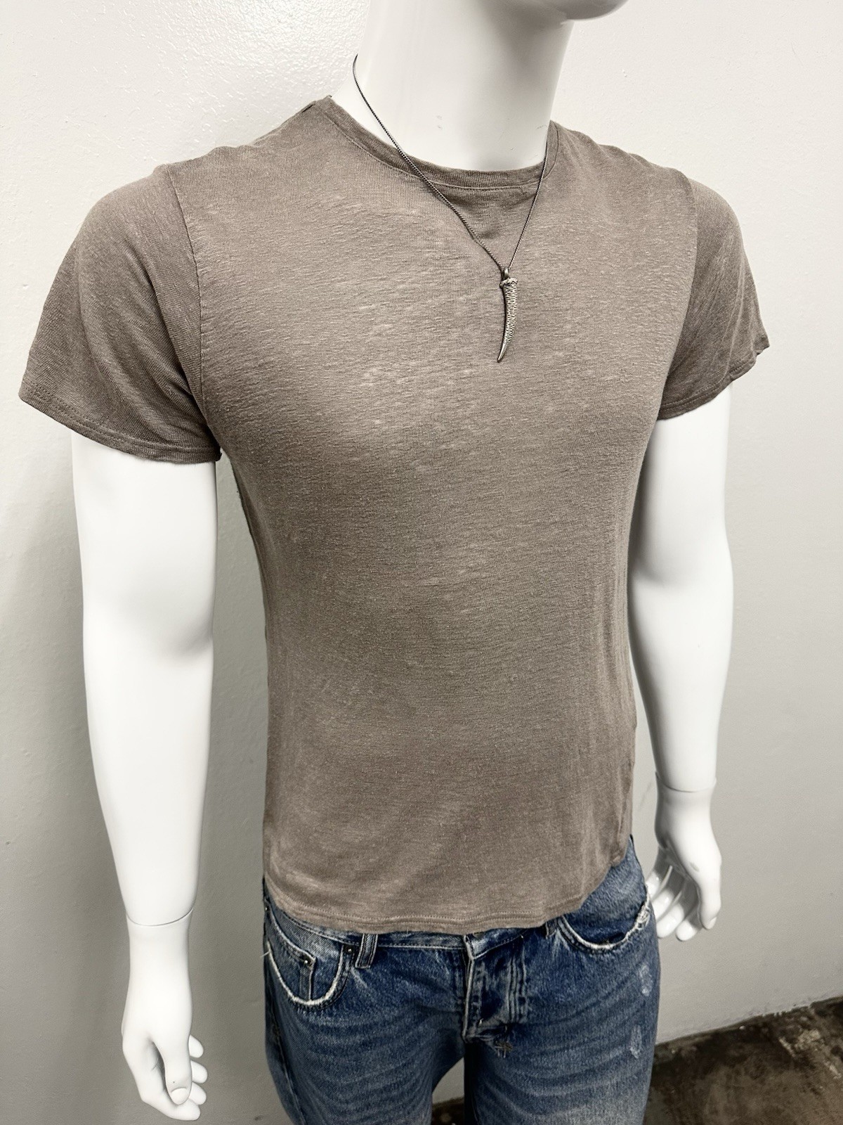 David Naman Pure Linen Beige Minimalist Style T-shirt Mens Size M Quiet Luxury