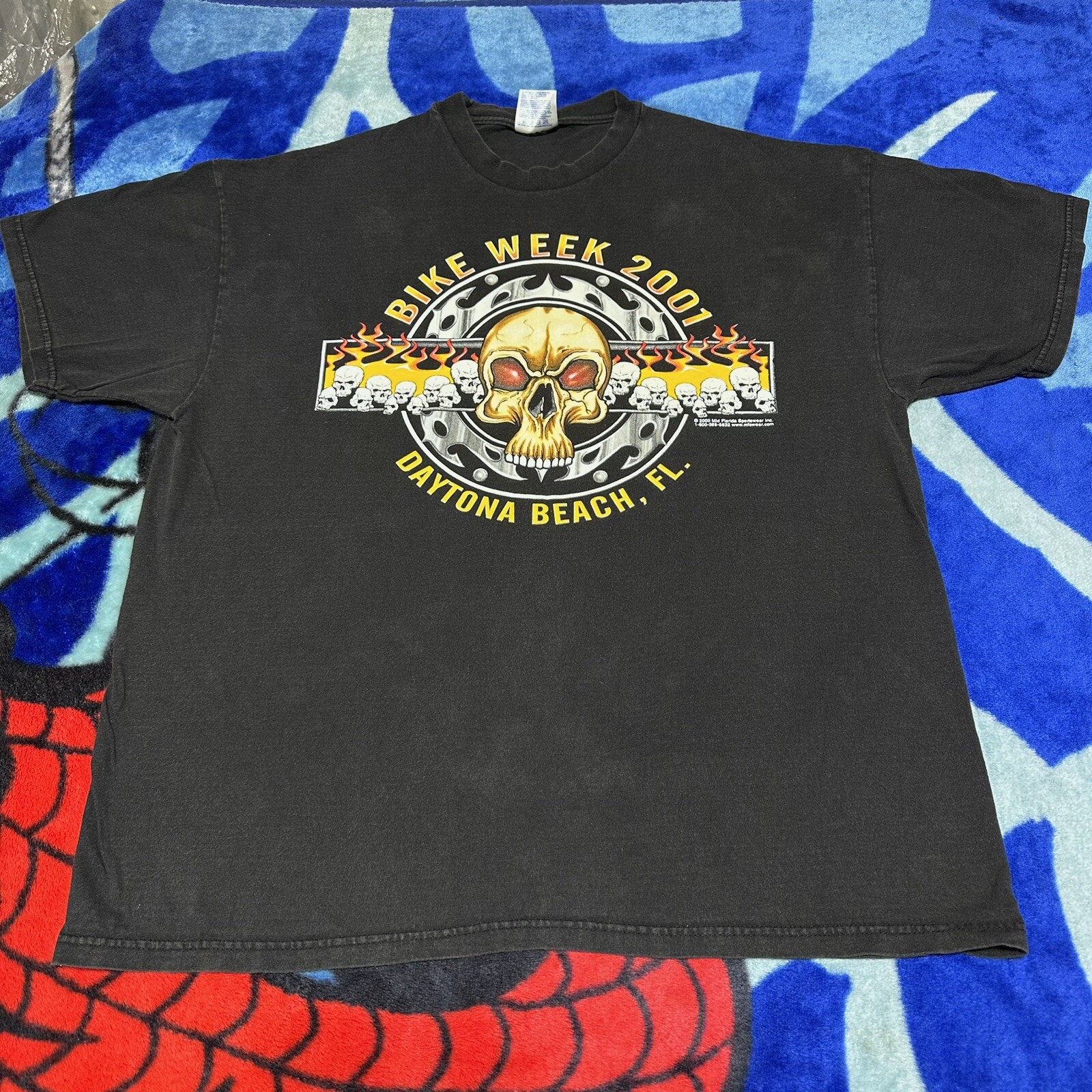 Vintage 2000s Bike Week Daytona Florida Flaming Skulls Faded Black T-Shirt Sz XL