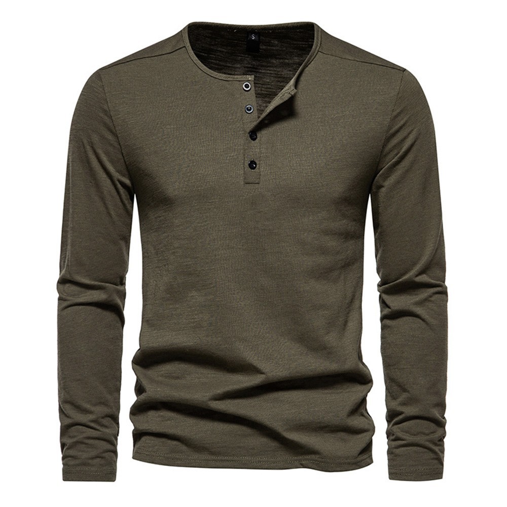 New Men’s Cotton Long Sleeve T-Shirt Slim Fit Button Neck Casual Fitness Tee