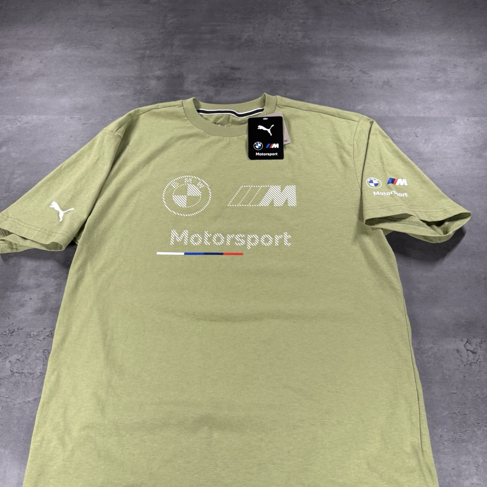 Puma BMW Motorsport Shirt Men Small Green Olive White Racing Spellout Graphic