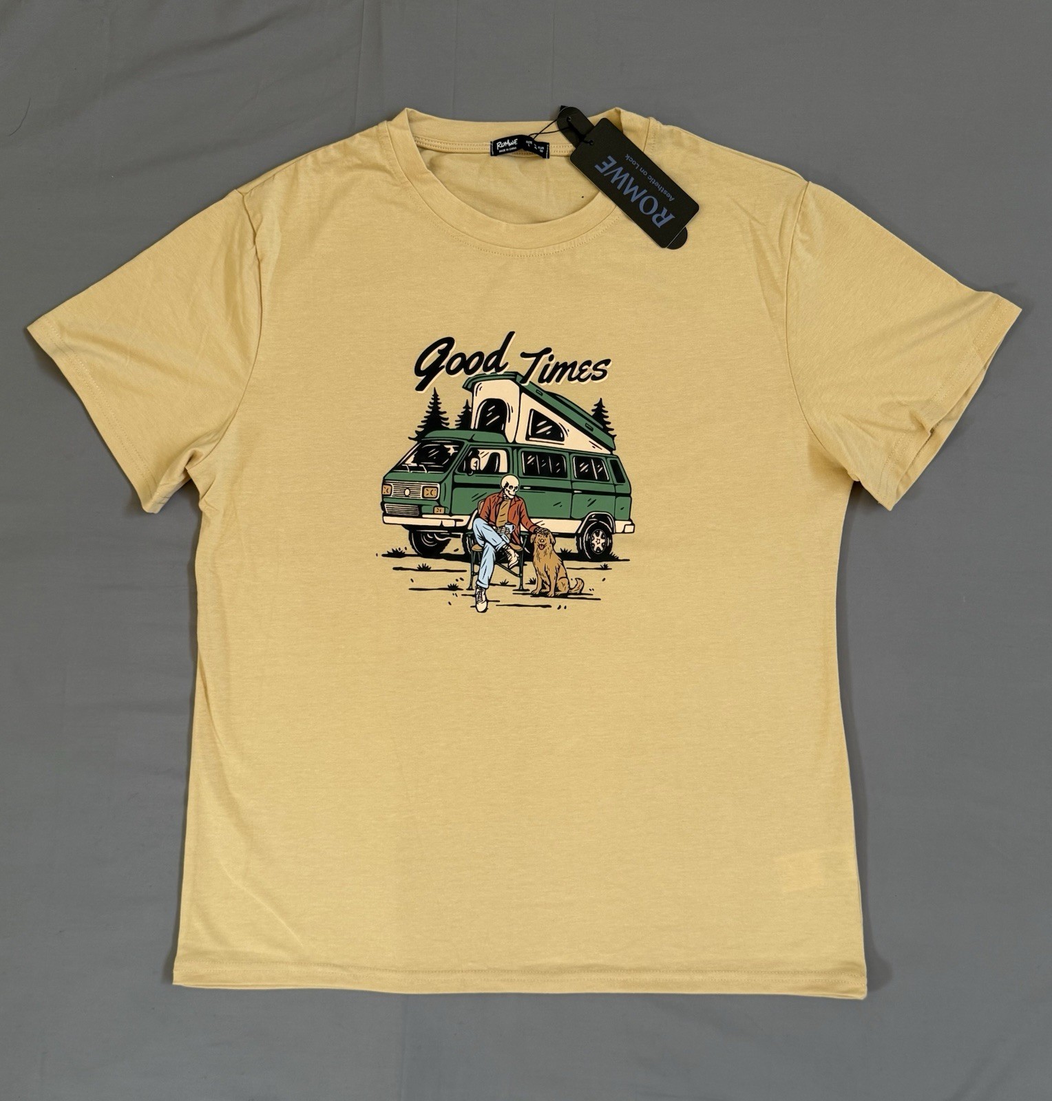 NWT Men’s Romwe Yellow Good Times Crew Neck T-shirt Size Large
