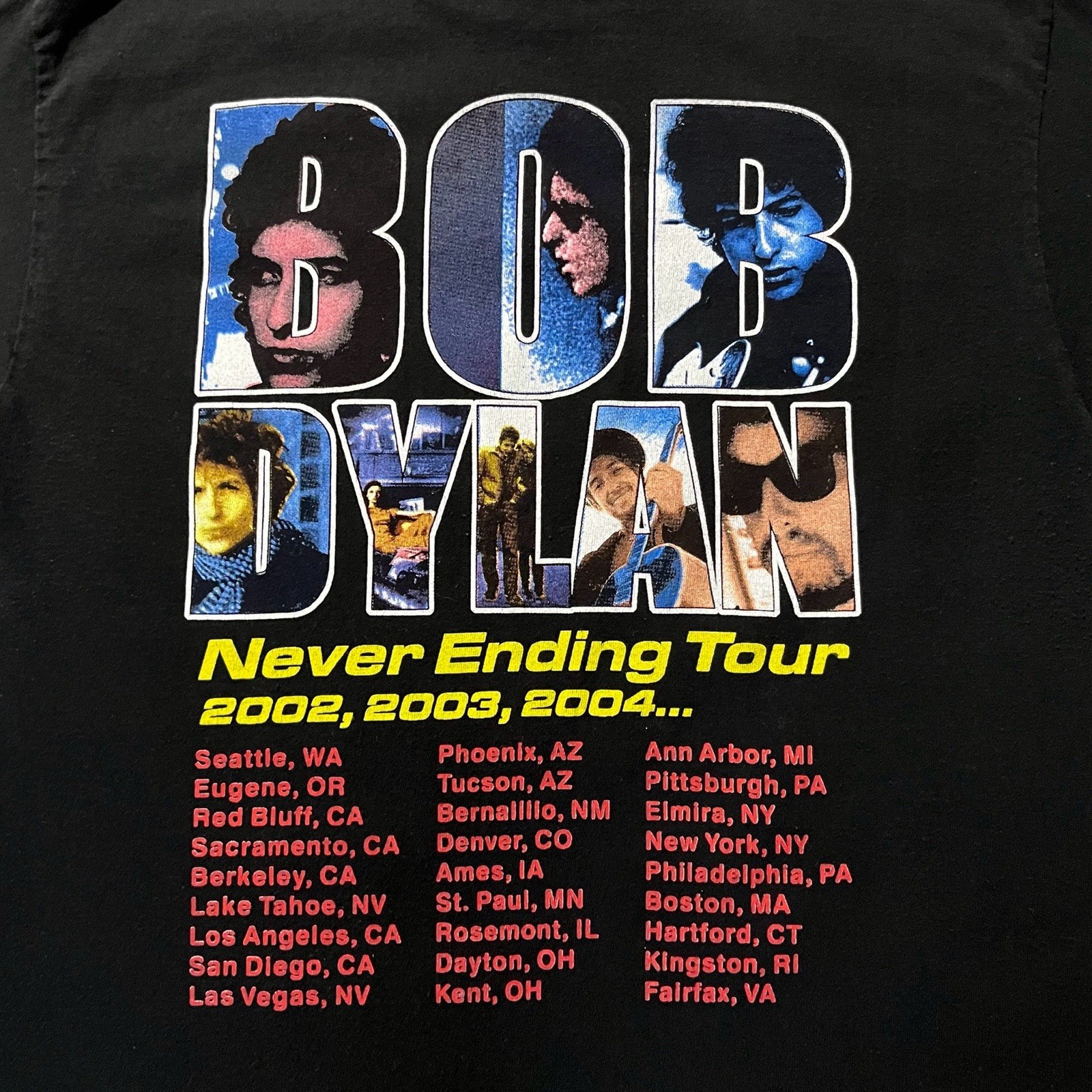 Vintage 2000s Bob Dylan Never Ending Tour T-Shirt Black Large Music Band Y2K
