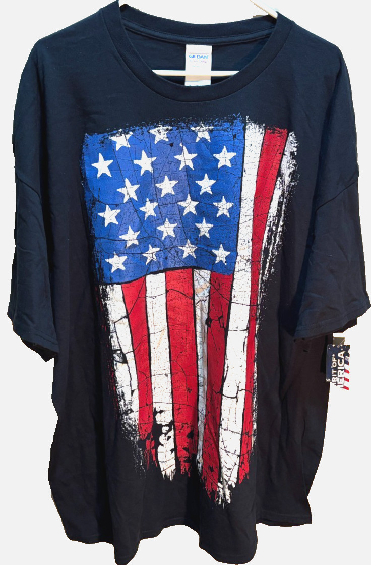 Grunge Flag U.S.A. Red White Blue Gildan Graphic Print Black T-Shirt 3XL New