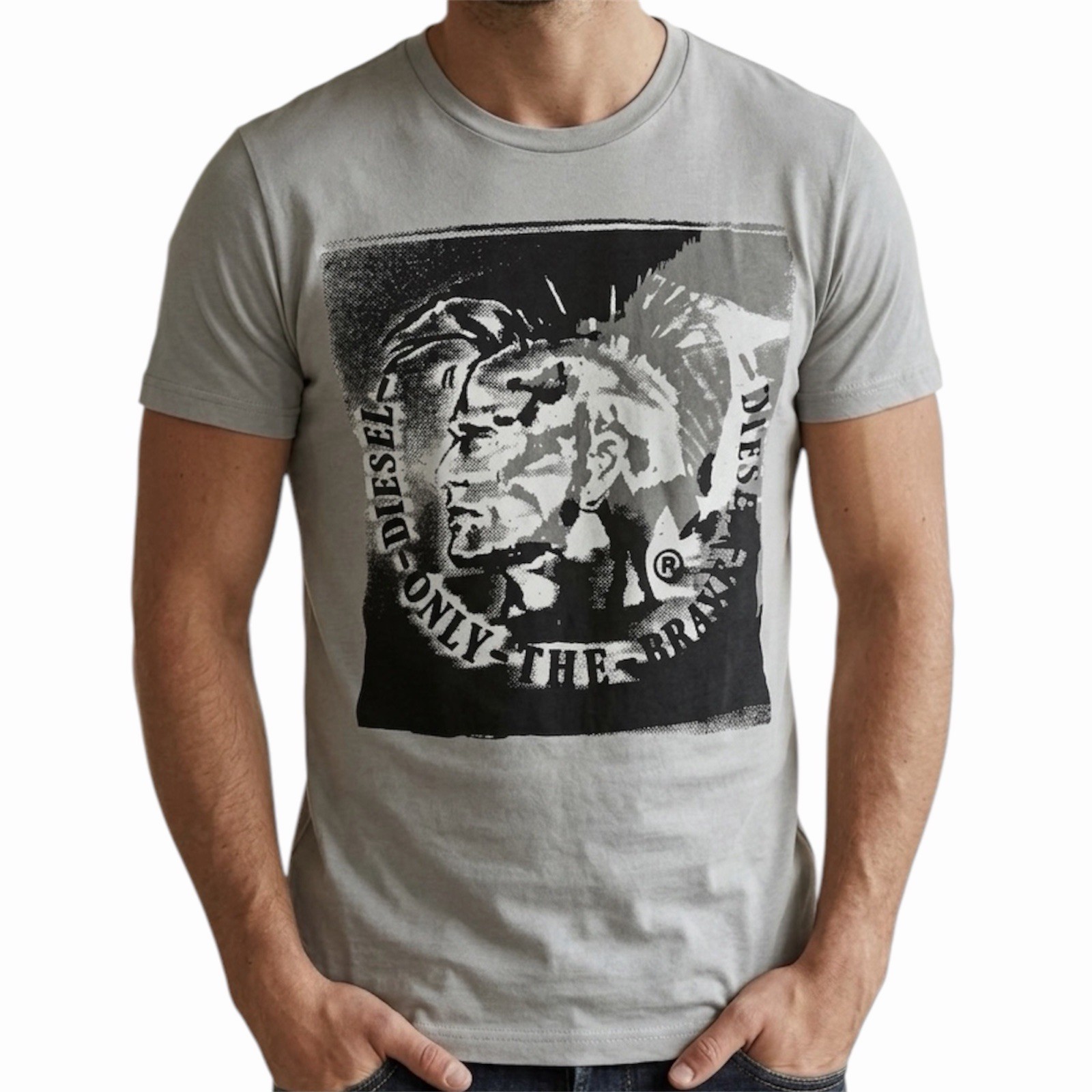 Vintage Y2K $58 DIESEL Light Grey MOHICAN Short Sleeve Slim Fit Designer T-shirt