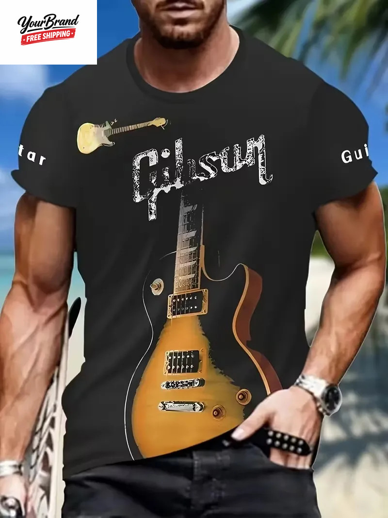 2025 Hip Hop Guitar Graphic T-Shirt for Men Trendy Rock Crew Neck Short Sleeve T