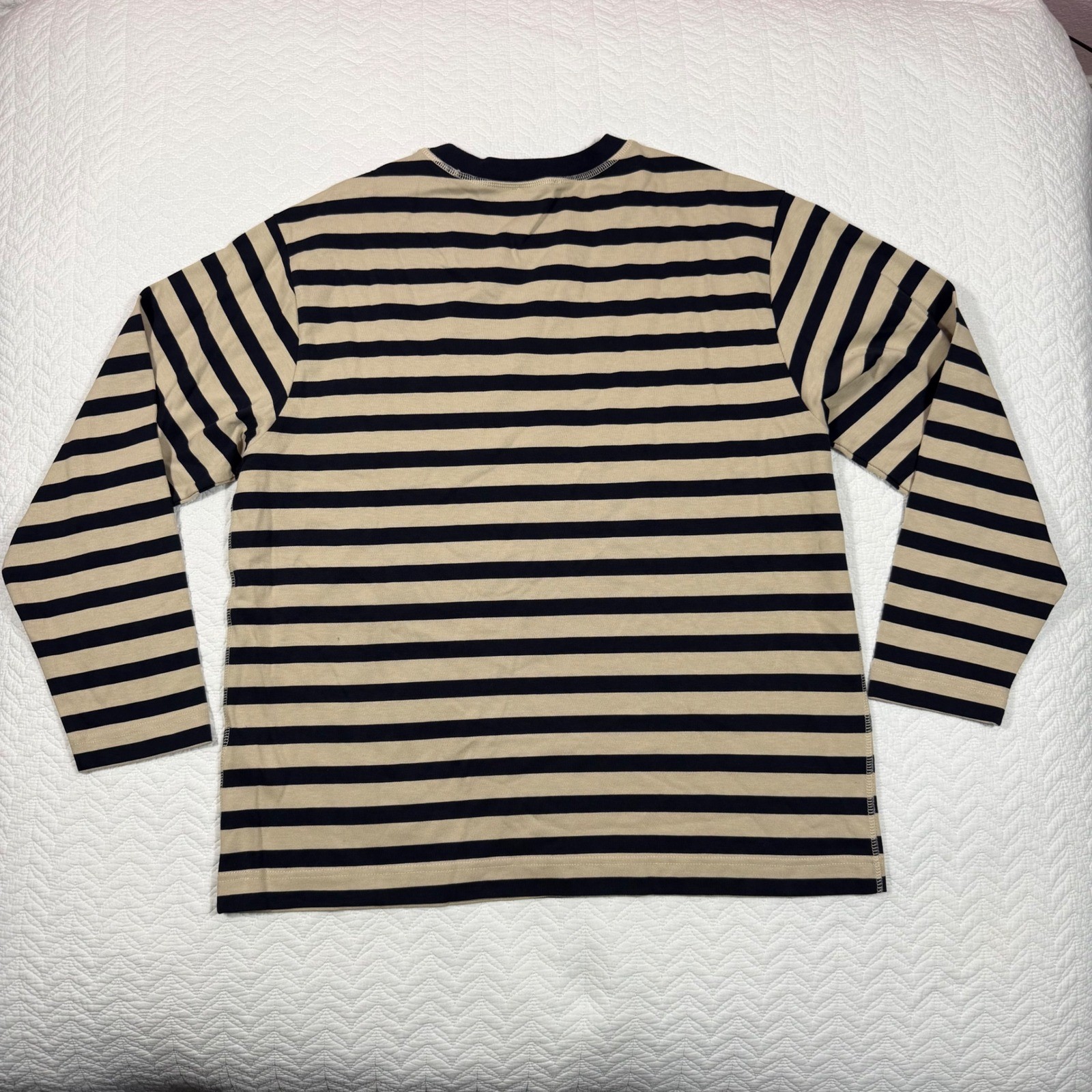 Reiss Perry Mens Long Sleeve Shirt L Striped Pocket Navy Tan Cotton Nautical