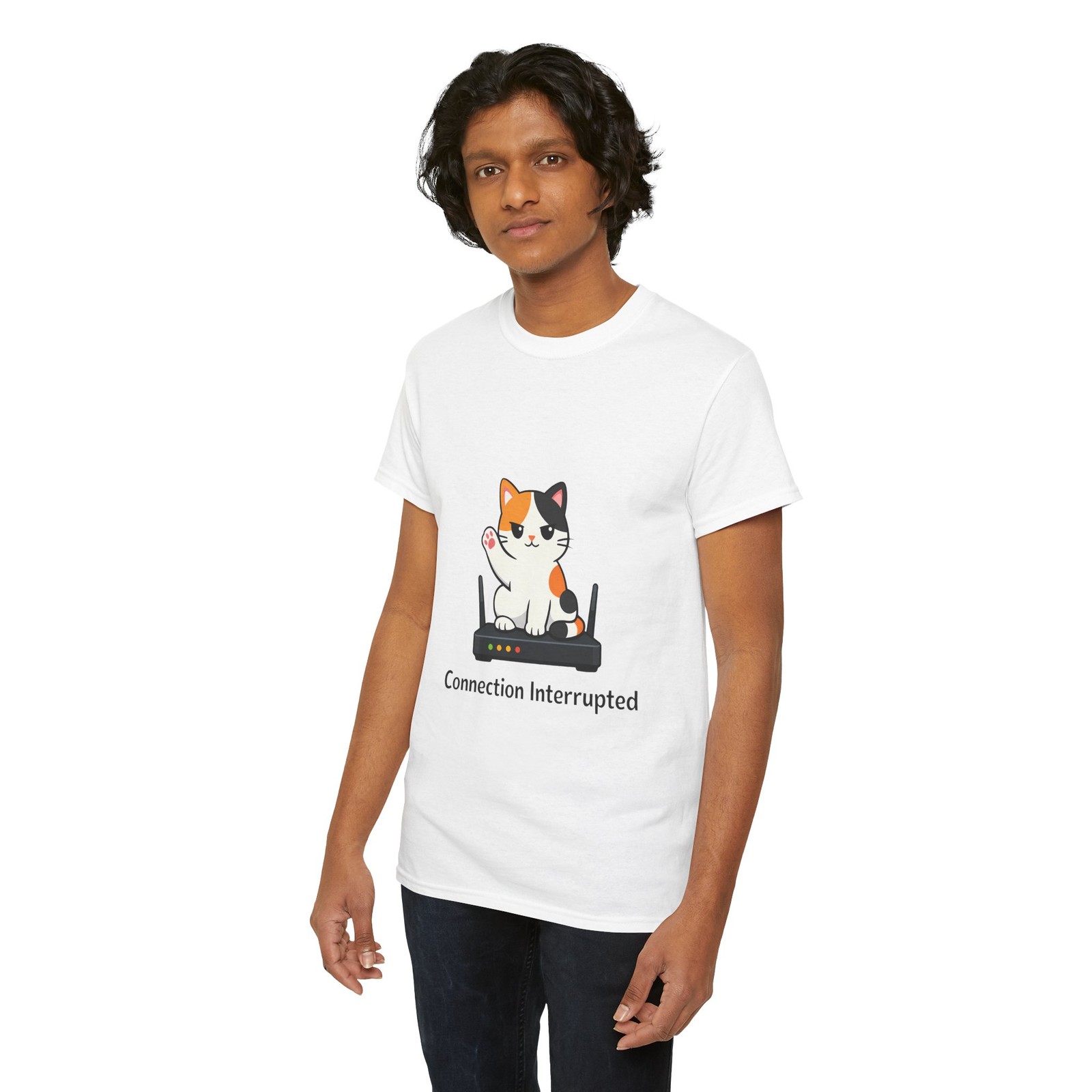 Unisex Heavy Cotton Tee Cat WiFi Router Tech Humor Funny Cute Indoors Pet Animal