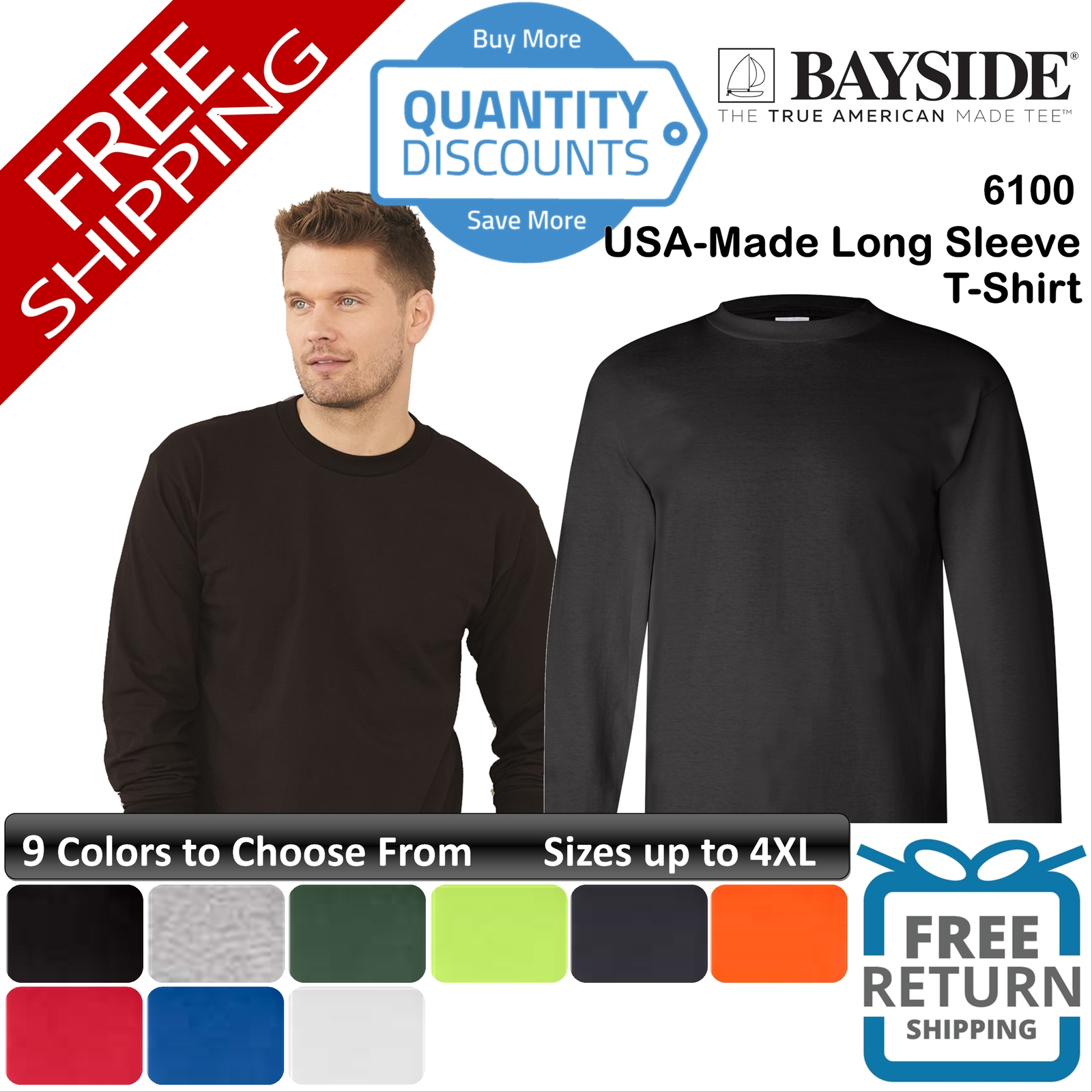 🔥 Bayside Men Usa-made Long Sleeve Pre-shrunk Cotton T-shirt Up To 4XL 6100
