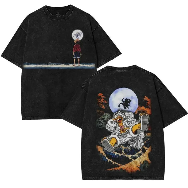 Luffy Gear 5 Sun God Nika Double Sided Graphic Anime Acid Wash T-Shirt