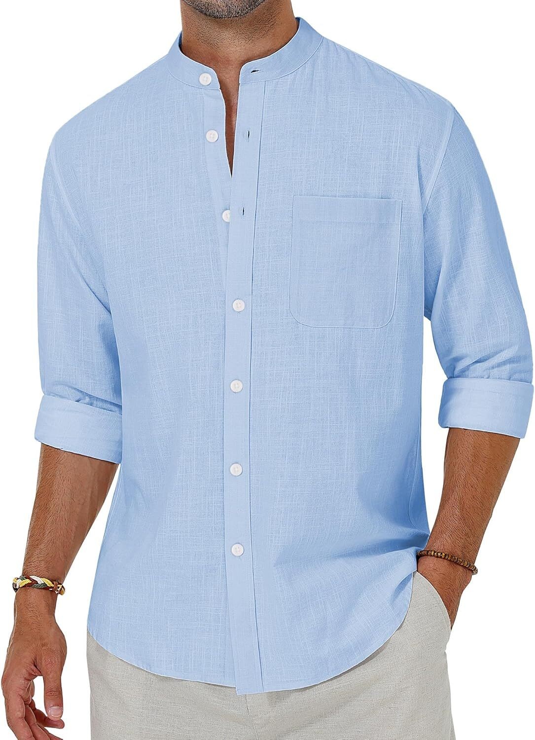 Men’s Linen Button Down Shirt Long Sleeve Band Collar Casual Beach Top